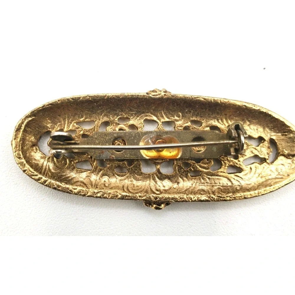 Vintage Gold Tone Openwork Filigree Bar Brooch Oval Scroll Design Pin